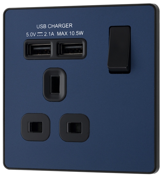 PCDDB21U2B Front - This Evolve Matt Blue 13A single power socket from British General comes with two USB charging ports, allowing you to plug in an electrical device and charge mobile devices simultaneously without having to sacrifice a power socket.
