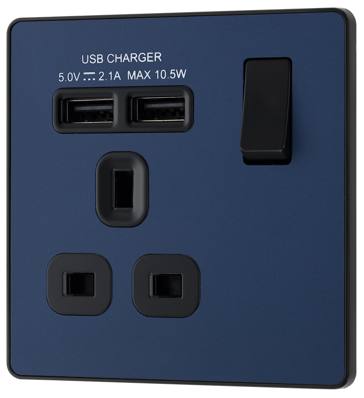 PCDDB21U2B Front - This Evolve Matt Blue 13A single power socket from British General comes with two USB charging ports, allowing you to plug in an electrical device and charge mobile devices simultaneously without having to sacrifice a power socket.