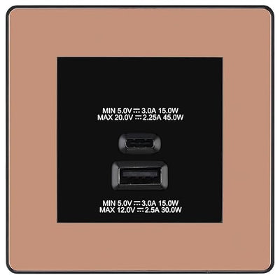 BG Evolve Polished Copper 45W USB Wall Socket Euro Module USB-A & C-Black Insert