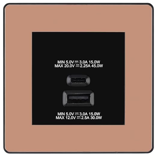 BG Evolve Polished Copper 45W USB Wall Socket Euro Module USB-A & C-Black Insert