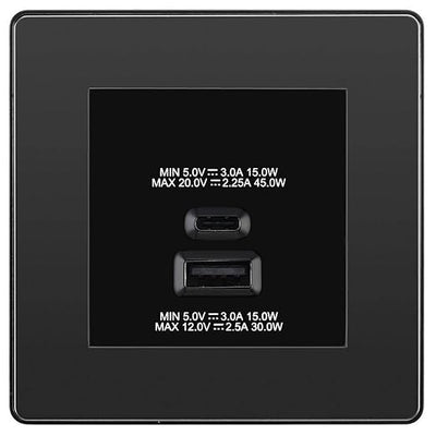 BG Evolve Black Chrome 45W USB Wall Socket Euro Module USB-A & C - Black Insert
