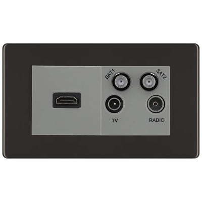 BG Screwless Black Nickel 4G Faceplate with HDMI + TV/FM/SAT Module - Grey by British General (BG-FBNEMR4-HDMI-TVFM2G)