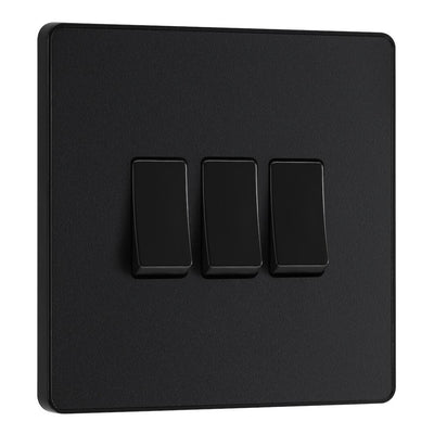 BG Evolve Matt Black 3 Gang 20A 16AX 2 Way Light Switch PCDMB43B with 35mm Steel Back Box