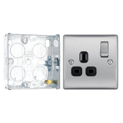 BG Nexus Metal Brushed Steel 13A Single Socket NBS21B with 25mm Steel Back Box by British General (BG-NBS21B+HGS02)
