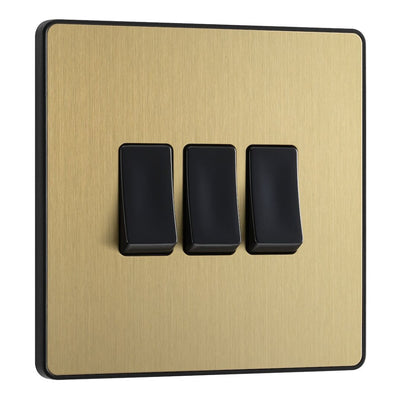BG Evolve Satin Brass 3 Gang 20A 16AX 2 Way Light Switch PCDSB43B with 25mm Steel Back Box