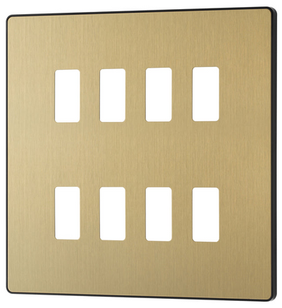 BG RPCDSB8B Evolve Grid Satin Brass 8 Module Square Front Plate - Black Trim