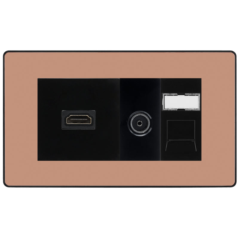 BG Evolve Media Wall Plate — TV Aerial, HDMI & CAT6 | Polished Copper Screwless
