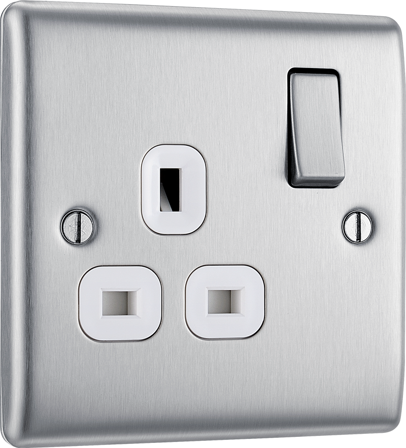 BG NBS21W Nexus Metal Brushed Steel 1 Gang 13A Switched Socket - White Insert