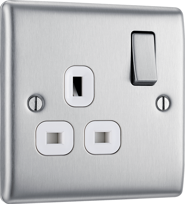 NBS21W Front - This brushed steel finish 13A single switched socket from British General has a sleek and slim profile with softly rounded edges, anti-fingerprint lacquer and no visible plastic around the switch for a luxurious finish.