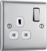 NBS21W Front - This brushed steel finish 13A single switched socket from British General has a sleek and slim profile with softly rounded edges, anti-fingerprint lacquer and no visible plastic around the switch for a luxurious finish.