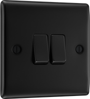 BG NFB42 Nexus Metal Matt Black 2 Gang 20A 16AX 2 Way Plate Switch