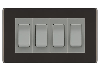 BG Screwless Black Nickel 4-Gang Light Switch 3x 2-Way + 1x Intermediate – Grey Inserts