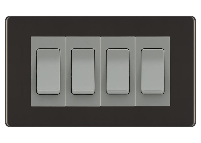 BG Screwless Black Nickel 4-Gang Light Switch 3x 2-Way + 1x Intermediate – Grey Inserts