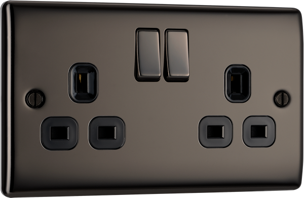 NBN22B Front - This black nickel finish 13A double switched socket from British General has a sleek and slim profile with softly rounded edges and no visible plastic around the switches to add a touch of luxury to your decor.