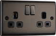 NBN22B Front - This black nickel finish 13A double switched socket from British General has a sleek and slim profile with softly rounded edges and no visible plastic around the switches to add a touch of luxury to your decor.