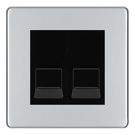 BG Screwless Polished Chrome Double RJ11 Telephone Socket FPCRJ112 - Black Insert