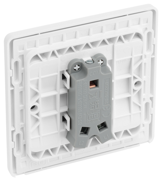 PCDCL12WW Back - This Evolve pearlescent white 20A 16AX single light switch from British General will operate one light in a room. The 2 way switching allows a second switch to be added to the circuit to operate the same light from another location (e.g. at the top and bottom of the stairs).