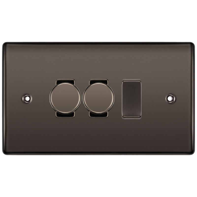 BG Black Nickel 3 Gang Light Switch 2x Trailing Edge LED Dimmer 1x 2 Way Custom Switch