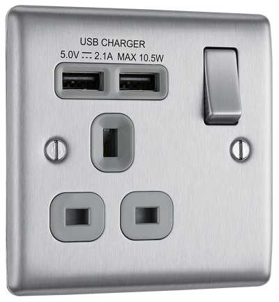 NEWLEC BRITISH GENERAL NBS21U2G NEXUS METAL BRUSHED STEEL 1 GANG 13A 2X USB-A 2.1A SWITCHED SOCKET
