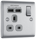 Newlec British General NBS21U2G Nexus Metal Brushed Steel 1 Gang 13A 2x USB-A 2.1A Switched Socket