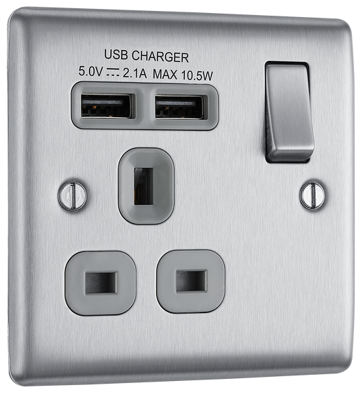 NEWLEC BRITISH GENERAL NBS21U2G NEXUS METAL BRUSHED STEEL 1 GANG 13A 2X USB-A 2.1A SWITCHED SOCKET