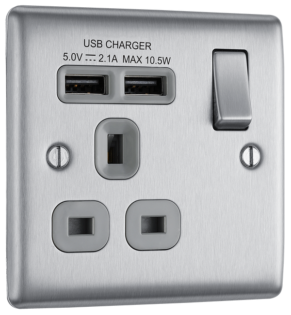 NEWLEC BRITISH GENERAL NBS21U2G NEXUS METAL BRUSHED STEEL 1 GANG 13A 2X USB-A 2.1A SWITCHED SOCKET