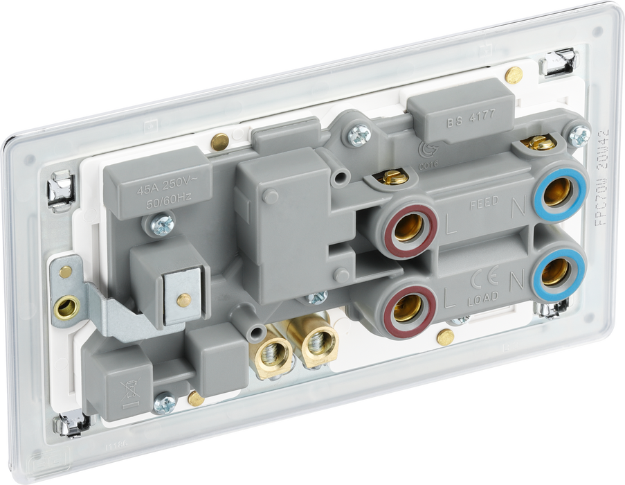 FPC70W Side - This 45A cooker control unit from British General includes a 13A socket for an additional appliance outlet and has flush LED indicators above the socket and switch.