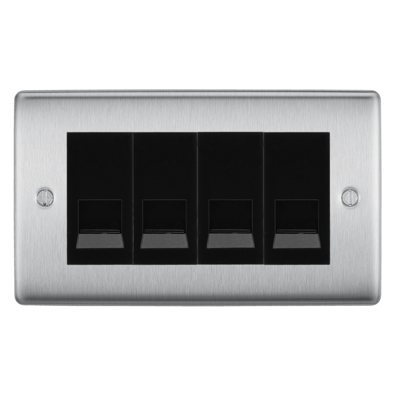 BG Nexus Brushed Steel 4 Gang Secondary Telephone Socket, Screw Terminal - Black Insert