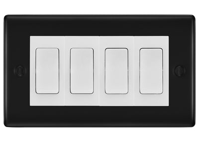 BG Nexus Matt Black 4-Gang Light Switch 1x 2-Way + 3x Intermediate – White Inserts by British General (BG-Nexus-FB-4G-Combo-3x INT-1x 2WAY-WH)