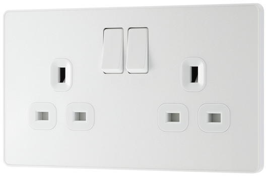 PCDCL22W Front - This Evolve pearlescent white 13A double switched socket from British General has been designed with angled in line colour coded terminals and backed out captive screws for ease of installation, and fits a 25mm back box making it an ideal retro-fit replacement for existing sockets. 
