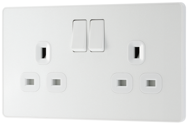 PCDCL22W Front - This Evolve pearlescent white 13A double switched socket from British General has been designed with angled in line colour coded terminals and backed out captive screws for ease of installation, and fits a 25mm back box making it an ideal retro-fit replacement for existing sockets. 