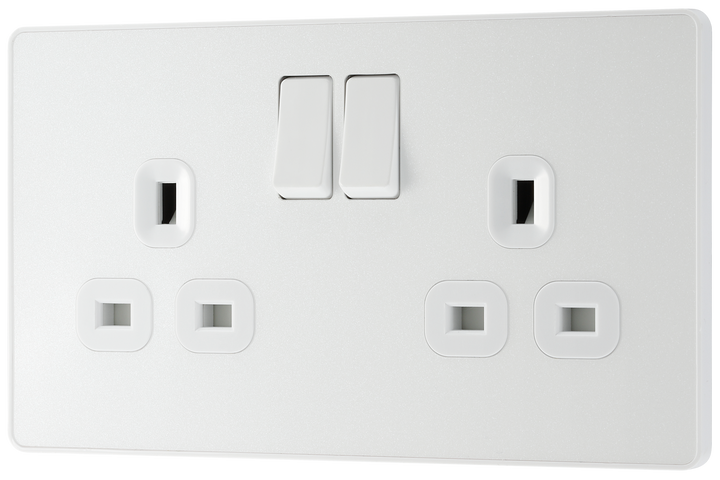 PCDCL22W Front - This Evolve pearlescent white 13A double switched socket from British General has been designed with angled in line colour coded terminals and backed out captive screws for ease of installation, and fits a 25mm back box making it an ideal retro-fit replacement for existing sockets. 