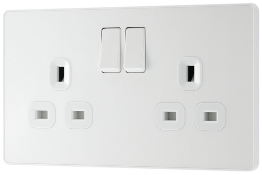 PCDCL22W Front - This Evolve pearlescent white 13A double switched socket from British General has been designed with angled in line colour coded terminals and backed out captive screws for ease of installation, and fits a 25mm back box making it an ideal retro-fit replacement for existing sockets. 