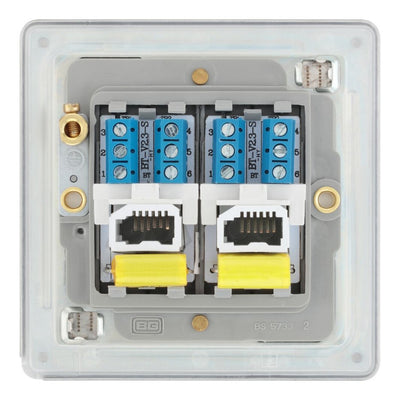 BG Screwless Brushed Steel Double Master Telephone Socket FBSBTM2 with 25mm Steel Back Box