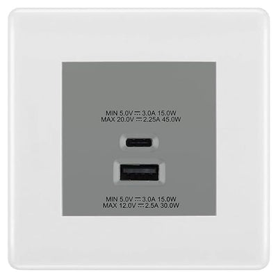 BG Nexus White 45W USB Wall Socket Euro Module USB-A & C - Grey Insert by British General (BG-8EMS2+EMUSBAC45G)