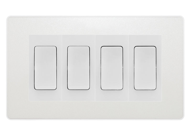 BG Evolve Pearlescent White 4-Gang Light Switch 2x 2-Way + 2x Intermediate – White Inserts