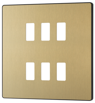 BG RPCDSB6B Evolve Grid Satin Brass 6 Module Square Front Plate - Black Trim