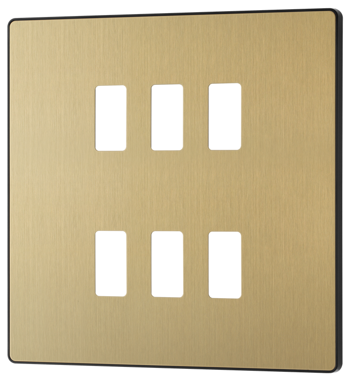 RPCDSB6B Front - The Grid modular range from British General allows you to build your own module configuration with a variety of combinations and finishes. This satin brass finish Evolve front plate clips on for a seamless finish, and can accommodate 6 Grid modules - ideal for commercial applications.