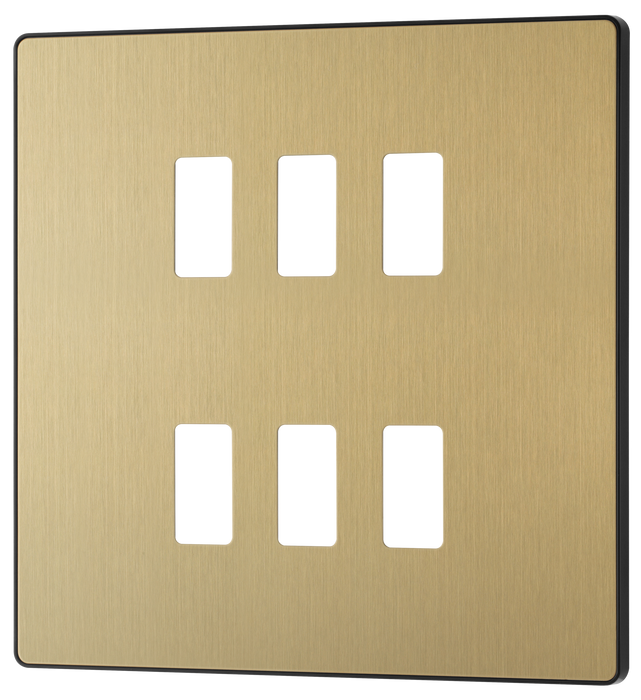 RPCDSB6B Front - The Grid modular range from British General allows you to build your own module configuration with a variety of combinations and finishes. This satin brass finish Evolve front plate clips on for a seamless finish, and can accommodate 6 Grid modules - ideal for commercial applications.