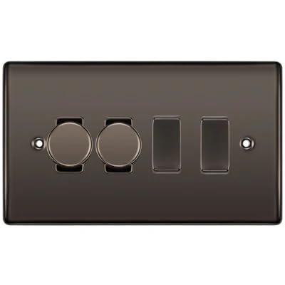 BG Nexus Black Nickel 4 Gang Switch 2x Trailing Edge LED Dimmer 2x Intermediate Custom Grid Switch