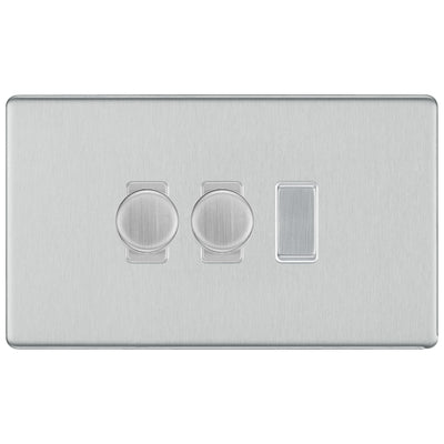 BG Brushed Steel Screwless Flat Plate 3 Gang Light Switch 2x Trailing Edge LED Dimmer 1x 2 Way Custom Switch