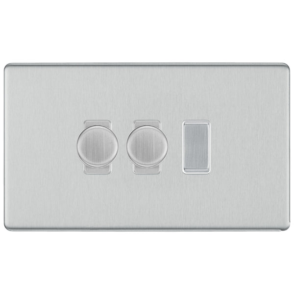 BG Brushed Steel Screwless Flat Plate 3 Gang Light Switch 2x Trailing Edge LED Dimmer 1x 2 Way Custom Switch