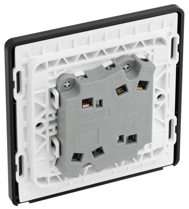 PCDDB42B Back - This Evolve Matt Blue 20A 16AX double light switch from British General can operate 2 different lights, whilst the 2 way switching allows a second switch to be added to the circuit to operate the same light from another location (e.g. at the top and bottom of the stairs).