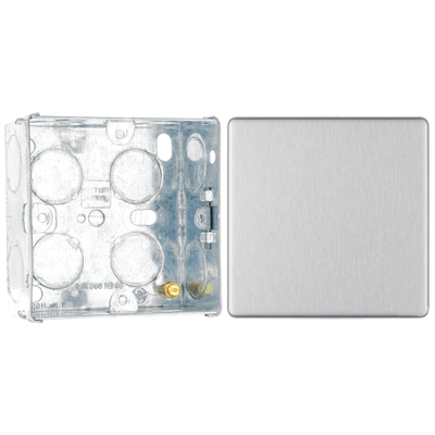 BG Screwless Brushed Steel Single Blank Plate FBS94 with 35mm Steel Back Box