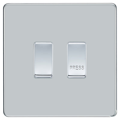 BG Screwless Polished Chrome 2G Grid Switch 20A 2-Way & Retractive Press Module by British General (BG-SCRL-PC-2G-1x2Way-1xPress)