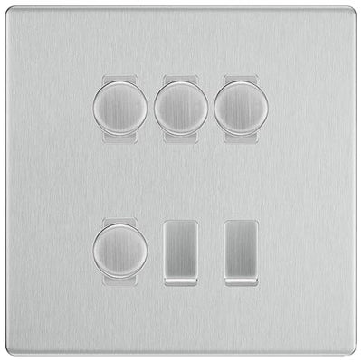 BG Screwless Brushed Steel 6 Gang Light Switch 4x Trailing Edge LED Dimmer, 1x Intermediate, 1x 2-Way Switch by British General (BG-SCRL-BS-6G-4x-Dimmer-1x-INT-1x-2Way)