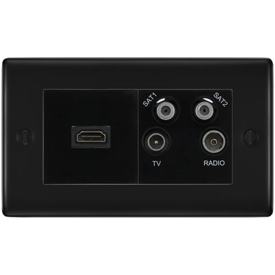 BG Nexus Matt Black 4G Faceplate with HDMI + TV/FM/SAT Module - Black Insert by British General (BG-NFBEMR4-HDMI-TVFM2B)