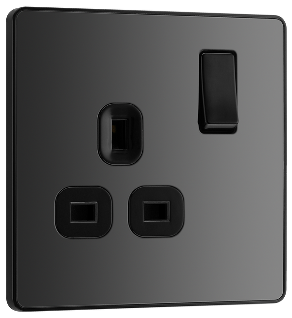 PCDBC21B Front - This Evolve Black Chrome 13A single switched socket from British General has been designed with angled in line colour coded terminals and backed out captive screws for ease of installation, and fits a 25mm back box making it an ideal retro-fit replacement for existing sockets.