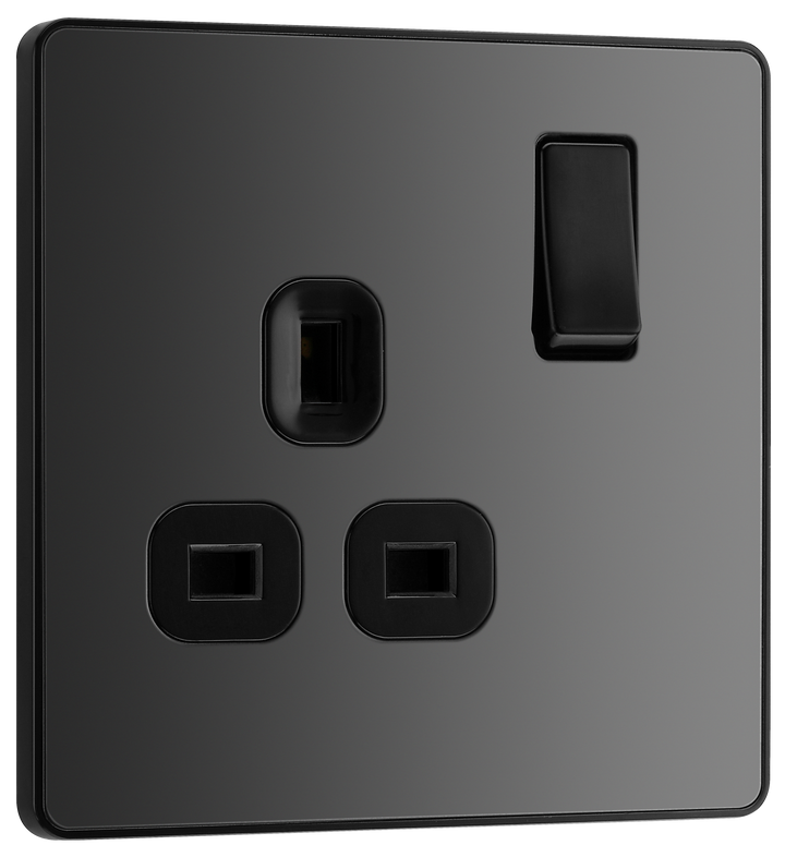 PCDBC21B Front - This Evolve Black Chrome 13A single switched socket from British General has been designed with angled in line colour coded terminals and backed out captive screws for ease of installation, and fits a 25mm back box making it an ideal retro-fit replacement for existing sockets.