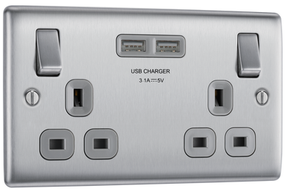BG NBS22U3G Nexus Metal Brushed Steel 2 Gang 13A 2x USB-A 3.1A Switched Socket - Grey Insert